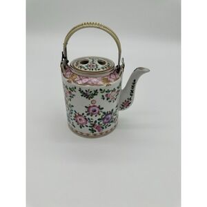 ISCO Teapot Rose Medallion Chinese Style Porcelain Hand painted Wicker Handle